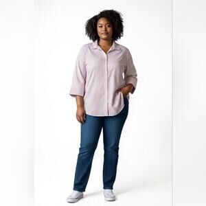 Catherines Non-Iron Pink and White Striped Button Up Shirt Size 3X 26/28W Office